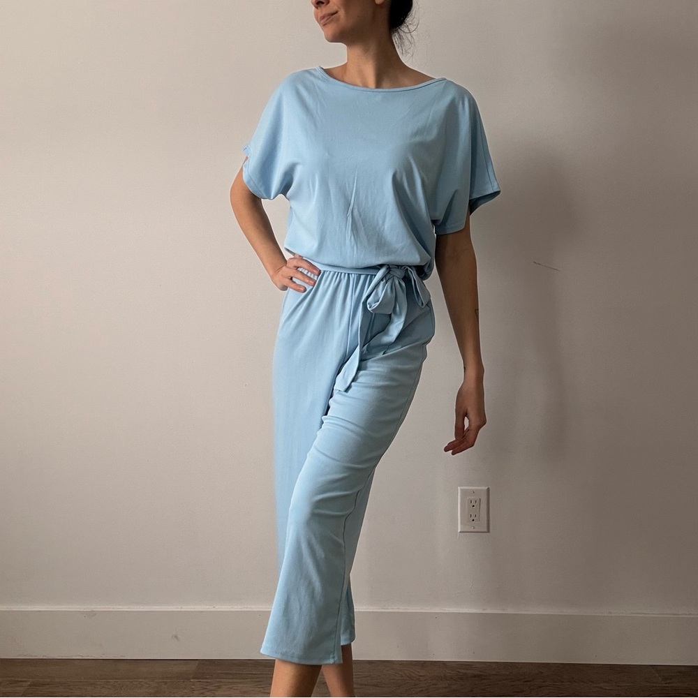 Light Blue Belted Jumpsuit - Casual Women Romper